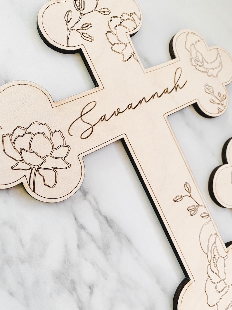 Peonies / Custom Wood Childs Cross Engraved with Name / Baptism Christening Gift / First Communion / New Baby / Baby Shower / Religious Natural Unpainted