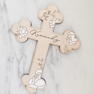 Peonies / Custom Wood Childs Cross Engraved with Name / Baptism Christening Gift / First Communion / New Baby / Baby Shower / Religious image 2