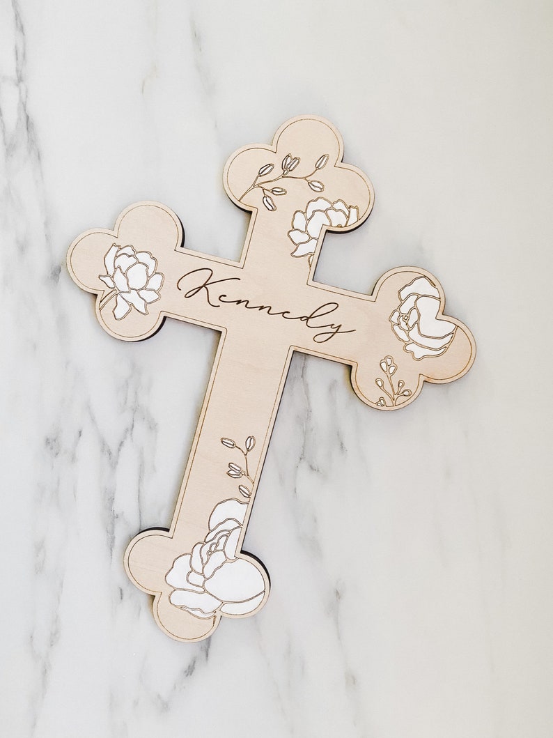 Peonies / Custom Wood Childs Cross Engraved with Name / Baptism Christening Gift / First Communion / New Baby / Baby Shower / Religious image 2