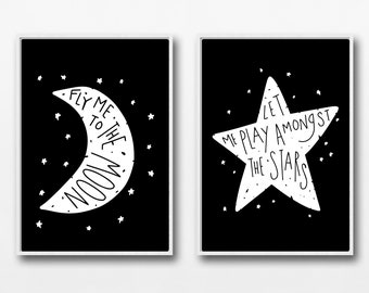 Moon & Stars Original Artwork Download Set of 2 / Printable Art / Digital Download Poster / Wall Art / Ready to Print / Last Minute Gift