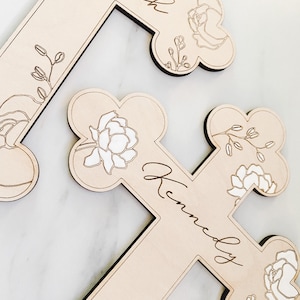 Peonies / Custom Wood Childs Cross Engraved with Name / Baptism Christening Gift / First Communion / New Baby / Baby Shower / Religious image 1
