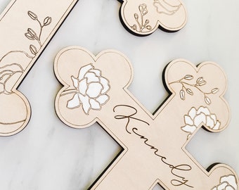 Peonies / Custom Wood Child’s Cross Engraved with Name / Baptism Christening Gift / First Communion / New Baby / Baby Shower / Religious