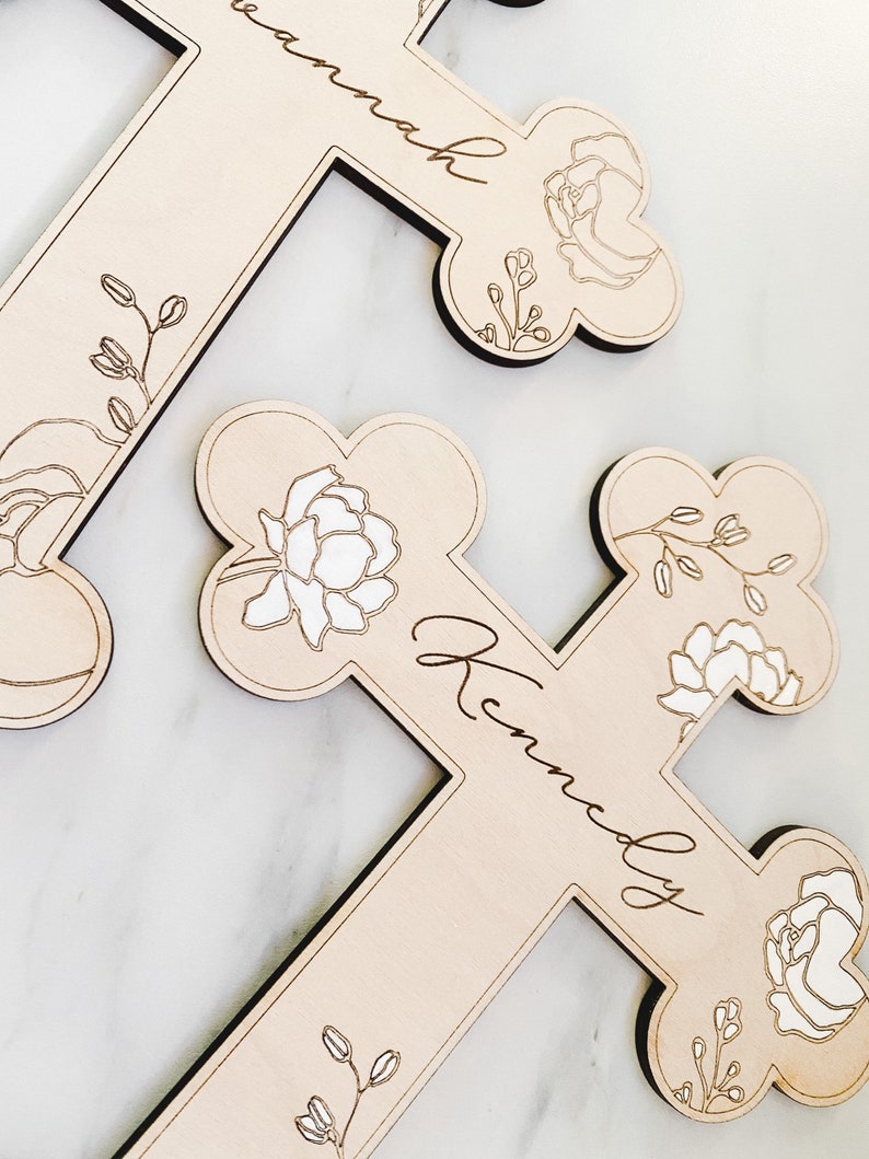 Peonies / Custom Wood Childs Cross Engraved with Name / Baptism Christening Gift / First Communion / New Baby / Baby Shower / Religious image 1