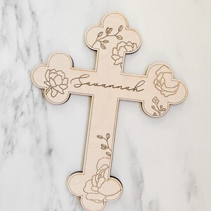 Peonies / Custom Wood Childs Cross Engraved with Name / Baptism Christening Gift / First Communion / New Baby / Baby Shower / Religious image 5