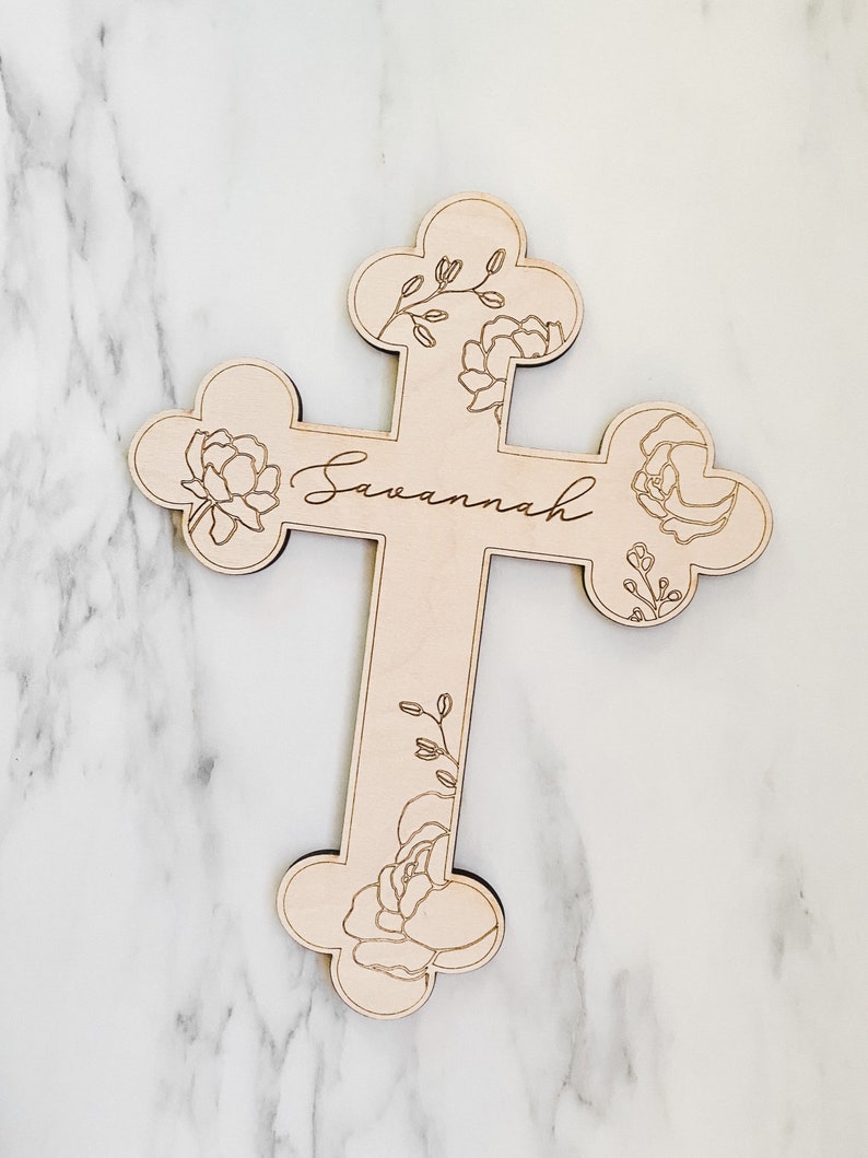 Peonies / Custom Wood Childs Cross Engraved with Name / Baptism Christening Gift / First Communion / New Baby / Baby Shower / Religious image 5