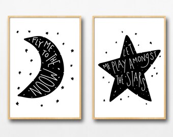 Moon & Stars Original Artwork Download Set of 2 / Printable Art / Digital Download Poster / Wall Art / Ready to Print / Last Minute Gift