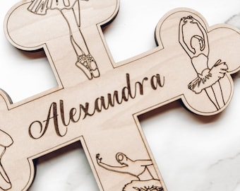 Ballet / Custom Wood Child’s Cross Engraved with Name / Baptism Christening Gift / First Communion / Christian / New Baby / Baby Shower