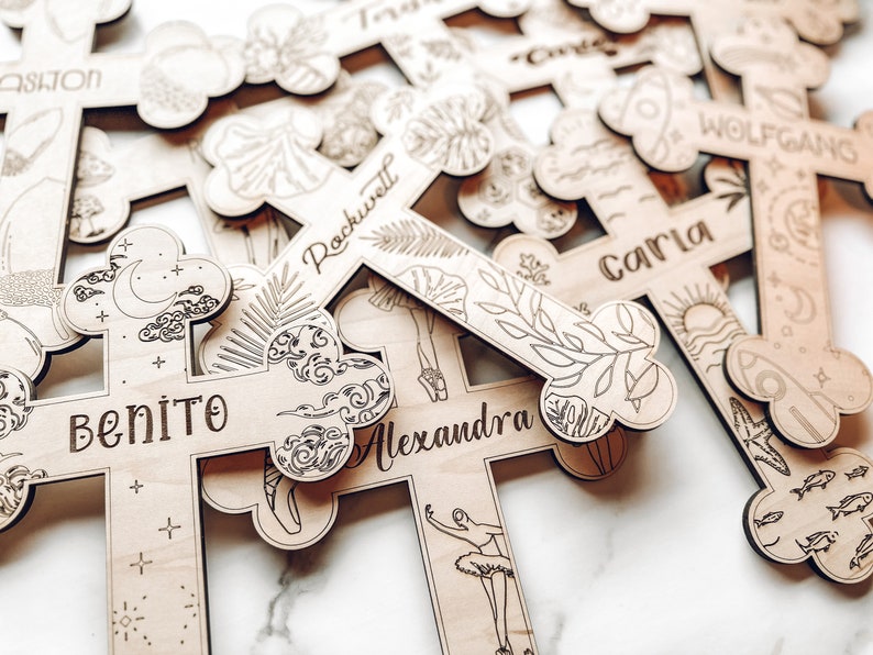 Peonies / Custom Wood Childs Cross Engraved with Name / Baptism Christening Gift / First Communion / New Baby / Baby Shower / Religious image 9