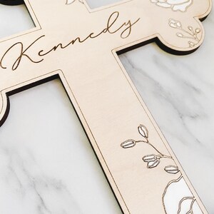 Peonies / Custom Wood Childs Cross Engraved with Name / Baptism Christening Gift / First Communion / New Baby / Baby Shower / Religious image 6