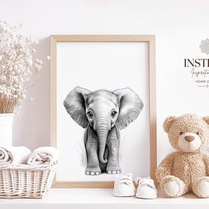 Baby Elephant Wall Art | Black and White Nursery | Baby Room | Wildlife Theme Decor | Digital Download | Printable Art | Nordic Home Decor