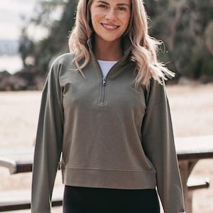 Women's Performance Quarter-Zip Mid Length Pullover, Soft Quarter Zip Crop Fleece, Customizable Long Sleeves French Terry Cotton Blend