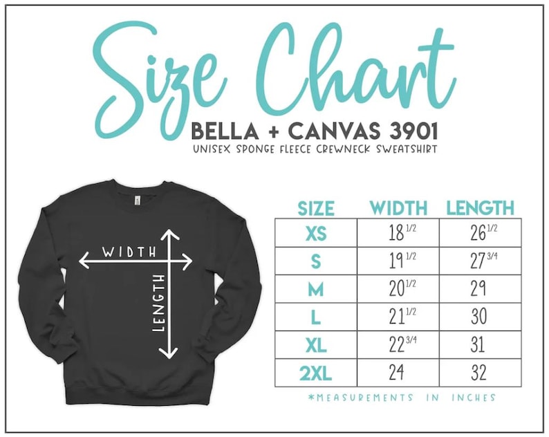 May include: A size chart for a unisex sponge fleece crewneck sweatshirt. The chart lists sizes XS to 2XL, with corresponding width and length measurements in inches. The sweatshirt is black, and the text is in white and teal.