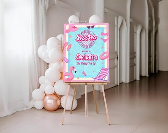 Pink Doll Pool Geburtstag Willkommensschild, Pastell Pink Doll Sommer Party Poster, Let's Go Party Malibu Blumenmädchen Mode, editierbare Vorlage, D176