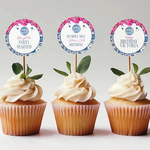Mamma Birthday Cake Topper, Mia Dancing Queen Mediterranean Greek Smash Sign, Pink Bougainvillea Disco Ball, Editable Template, Any Age,D319
