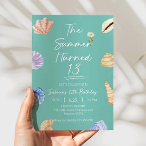 Invitación editable para fiesta de cumpleaños de The Summer I Turned, plantilla de invitación imprimible para adolescentes nadando en verano de TSITP, rosa pastel, azul y verde azulado D24
