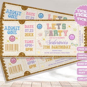 Invitación de boleto de cumpleaños de carta de parche universitario, boleto de cumpleaños de fiesta, plantilla groovy preppy Y2k, cumpleaños de niña, fiesta de parche, D12