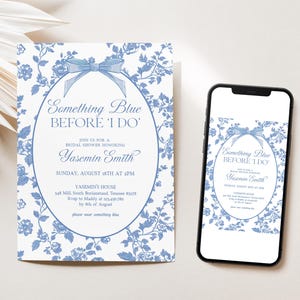 Something Blue Before I Do Bridal Shower Template, Editable French Toile Invitation, Vintage Floral Chinoiserie Bow Ribbon, Elegant, D317