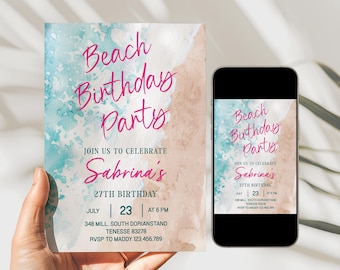 Editable Beach Birthday Party Invitation, Summer Swimming Teen Girl Invite Template Printable, Any Age, Adult, Pastel Pink Blue Teal, D25