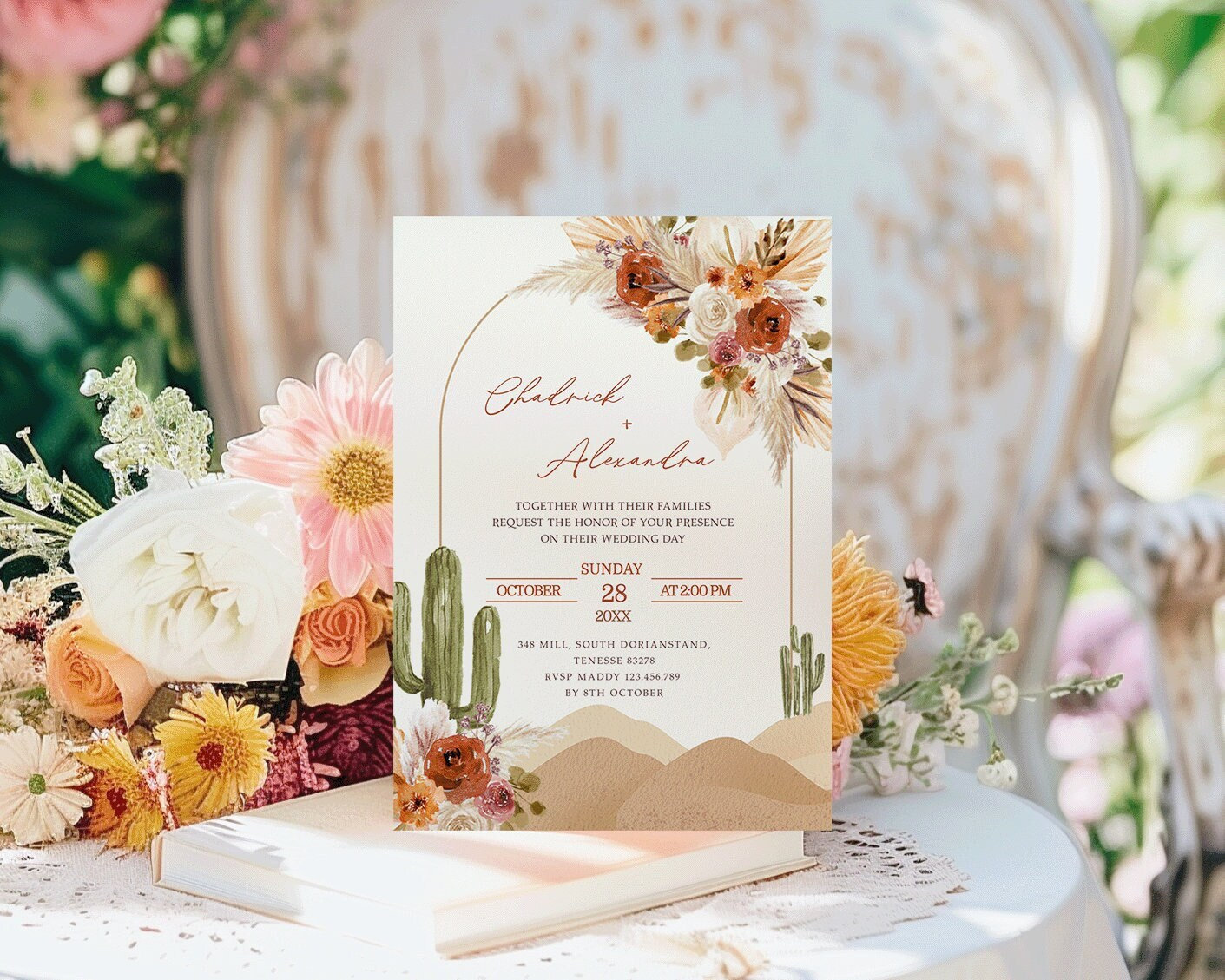 Plantilla de invitación de boda del desierto boho, invitación de boda de cactus boho, desierto de bodas de palmas secas, tema de hierba pampass de boda boho, W011