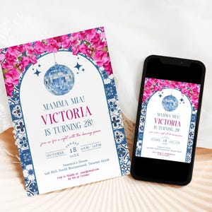 Mamma Birthday Invitation, Mia Dancing Queen Template, Mediterranean Greek Party, Disco Ball, Pink Bougainvillea, Honey Blue Tile Evite,D319