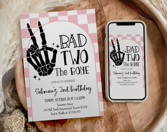 Bad Two the Bone, Pink Black Checkered Girls 2nd Birthday Invitation Skeleton Peace Spooky Editable Template Printable Instant Download,D281