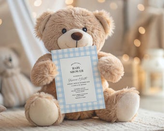 Edytowalne zaproszenie na baby shower dla chłopca w niebieską kratkę, minimalistyczny klasyczny baby shower, szablon do druku w niebieską kratkę, cyfrowe zaproszenie, D265