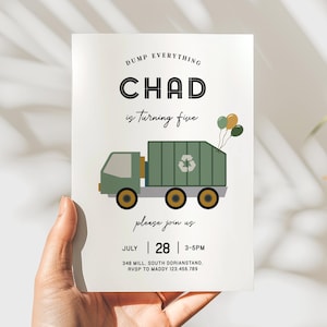 May include: Green and yellow birthday invitation for a boy turning five. The invitation features a cartoon green garbage truck with a recycle symbol on the side. The text on the invitation reads "Dump Everything Chad is turning five, please join us July 28, 3-5PM, 348 Mill, South Dorianstand, RSVP to Maddy 123.456.789".