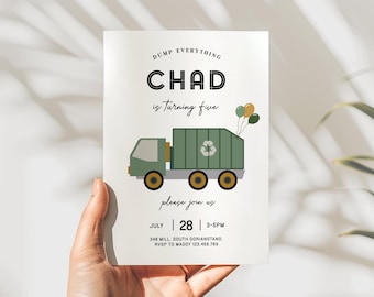 Editable Garbage Truck Boy Birthday Party Invitation, Trash Bash Kid Invite, Green Dump Truck Printable Template, Boy Any Age, D41