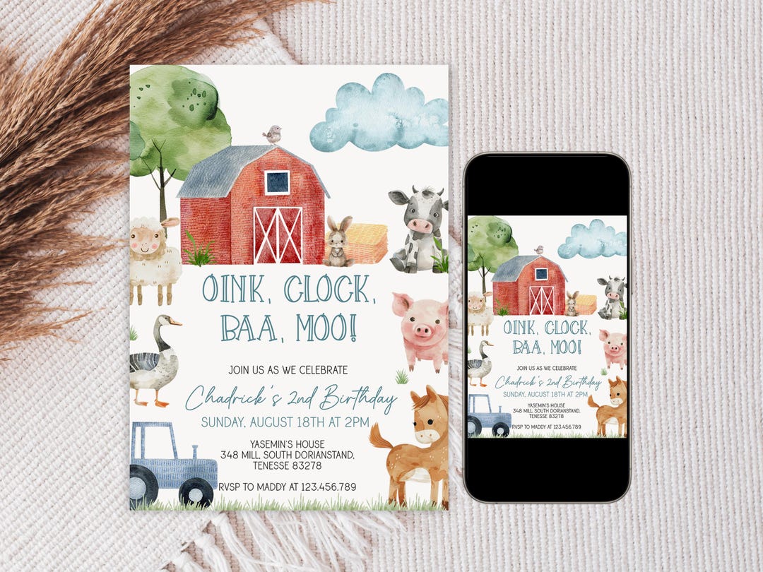 Editable Red Farm Animals Invitation, Minimalist Boy Kid Birthday Party ...