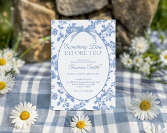 Something Blue Before I Do Bridal Shower Template, Editable French Toile Invitation, Vintage Floral Chinoiserie Bow Ribbon, Elegant, D317
