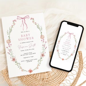 Looking for a sophisticated Pink Bow Baby Shower Invitation Template? This editable coquette girl baby shower invite features a dusty blush pink ribbon and minimalist hand-drawn floral accents. Perfect for a French Chinoiserie or Toile themed sprinkle. This high-quality digital download is easy to customize for a timeless, elegant baby girl celebration. Buy now for a printable or mobile-friendly invitation that fits the trendy coquette aesthetic and minimalist wildflower style.