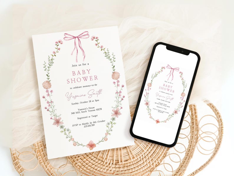 Looking for a sophisticated Pink Bow Baby Shower Invitation Template? This editable coquette girl baby shower invite features a dusty blush pink ribbon and minimalist hand-drawn floral accents. Perfect for a French Chinoiserie or Toile themed sprinkle. This high-quality digital download is easy to customize for a timeless, elegant baby girl celebration. Buy now for a printable or mobile-friendly invitation that fits the trendy coquette aesthetic and minimalist wildflower style.