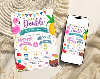 Sibling Joint Birthday Party Invitation – Colorful Double Celebration Summer Pool Editable Kids Template Printable Instant Download, D376