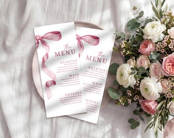 A Sweet Little Girl Menu Card, Pink Bow Coquette Baby Shower Dinner Menu, Minimalist Watercolor Blush Ribbon Table Decor, Printable Art, D22