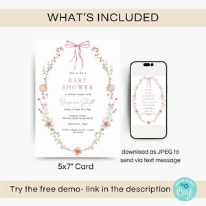 Looking for a sophisticated Pink Bow Baby Shower Invitation Template? This editable coquette girl baby shower invite features a dusty blush pink ribbon and minimalist hand-drawn floral accents. Perfect for a French Chinoiserie or Toile themed sprinkle. This high-quality digital download is easy to customize for a timeless, elegant baby girl celebration. Buy now for a printable or mobile-friendly invitation that fits the trendy coquette aesthetic and minimalist wildflower style.
