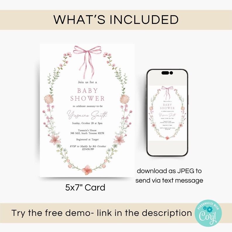 Looking for a sophisticated Pink Bow Baby Shower Invitation Template? This editable coquette girl baby shower invite features a dusty blush pink ribbon and minimalist hand-drawn floral accents. Perfect for a French Chinoiserie or Toile themed sprinkle. This high-quality digital download is easy to customize for a timeless, elegant baby girl celebration. Buy now for a printable or mobile-friendly invitation that fits the trendy coquette aesthetic and minimalist wildflower style.