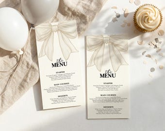 She's Tying the Knot Menu Card, White Bow Coquette Bridal Shower Table Decor, Elegant Minimalist Cream Wedding Menu, Editable Template, D56