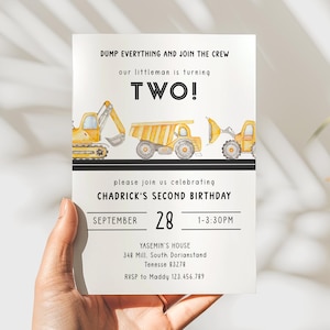Editable Construction Boy 2nd Birthday Party Invitation, Second Dump Truck, Excavator Crane Bulldozer Invite Printable Template, Any Age D38