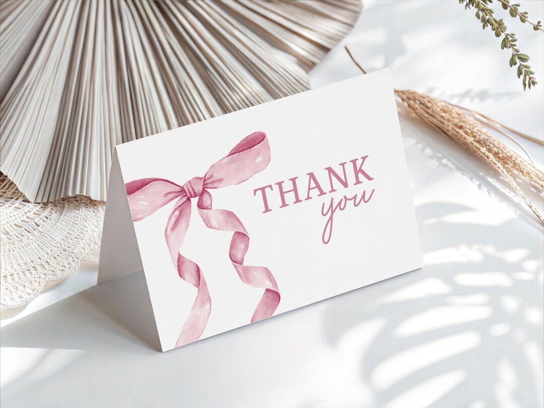Pink Bow Baby Shower Thank You Card, Sweet Little Girl Note, Minimalist ...