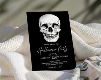 Editable Adult Halloween Party Invitation, Minimalist Halloween Costume Party, Modern Skull Halloween Birthday, Spooktacular Skull, D298