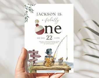 O-Fish-Ally Gone Fishing Reel Fun Boy First Birthday Watercolor Invitation – Editable Custom Template Printable Instant Download, D368