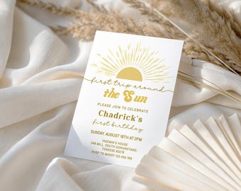 Bewerkbare eerste reis rond de zon 1e jongen meisje verjaardagsuitnodiging voor verjaardagsfeestje, Sunburst Happy Sun, Sunshine First Invite afdrukbare sjabloon, D51