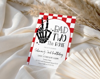 Editable Bad TWO the Bone Invitation, Checkered Girl Birthday Party, Modern Red and Black Skeleton Peace Hand, Printable Template, D281b