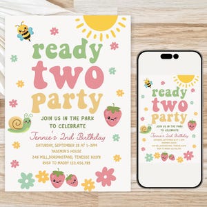 Ready Two Party Invitation Template, Modern Cute Girl 2nd Birthday, Minimalist Spring Garden Party, Retro Flowers Bee Strawberries Sun, D198