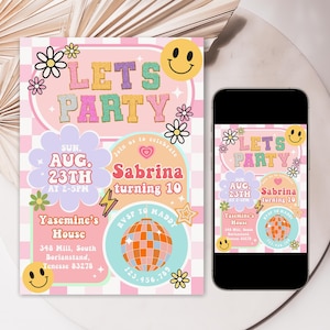 Preppy Patch Letter Invitation, Groovy Retro Varsity Patch Birthday, Girl Hippie Lets Party Disco, Pink Checkered Smiley Face Emoji, D250