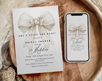 Editable Bow Bridal Shower Invitation Printable, She's Tying the Knot Party Invite Template, Elegant White Bow, Minimalist Coquette, D57