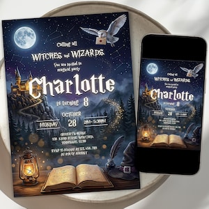 May include: A printed invitation and a smartphone displaying a digital invitation for a birthday party. The design features a dark night sky, a full moon, a castle on a cliff, an owl, a lantern, and an open book with the text Calling all Witches and Wizards.