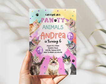 Plantilla imprimible editable para invitación de cumpleaños de niña gata, linda invitación de gatito, cumpleaños de animales de Calling All Pawty, colorida para cualquier edad, D42