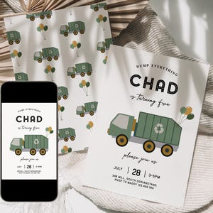 Dump Everything,Boy Birthday Invitation Garbage Truck Green Yellow Party Recycling Any Age Editable Template Printable Instant Download, D41
