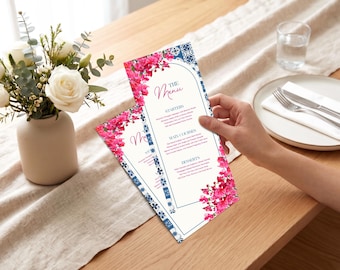 Mediterranean Greek Party Menu, Mamma Mia Bridal Shower Table Decor, Honey Blue Tile Bougainvillea Disco Ball Menu, Printable Template, D315
